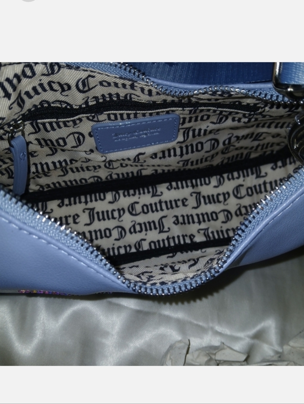Juicy Couture Obsession Rhinestone Logo Crescent Crossbody Bag, Slate Blue - Picture 7 of 9